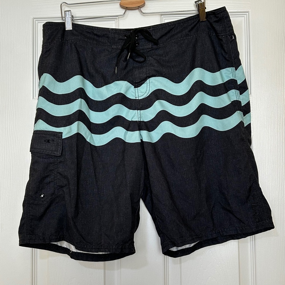 O'Neill Men Board Shorts Sz 38 Black Aqua Wave‎ Pattern Swim Trunks Cargo Pocket